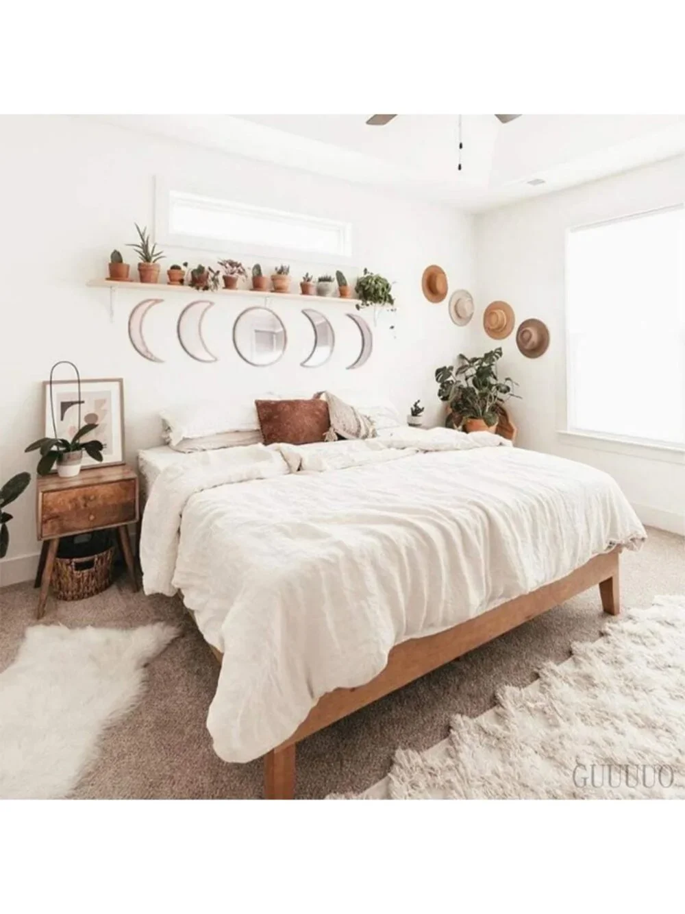 Bohemian 5-Piece Acrylic Wall Decor Set - Wooden Moon Phase Mirror for Living